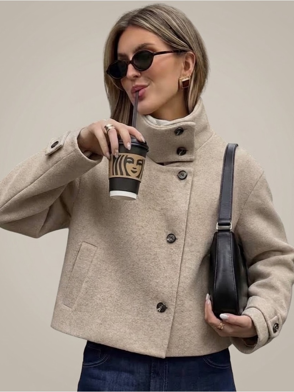Oatmeal High Stand Collar Crossover Short Wool Style Pea Coat